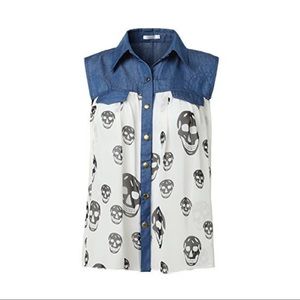 Skull Cranium Print Denim Collared Shirt